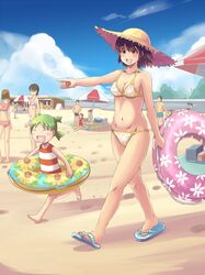  ayase_fuuka bad_anatomy beach bikini black_hair breasts child cleavage closed_eyes error eyes_closed green_hair hat highres innertube koiwai_yotsuba navel open_mouth parasol pointing sandals short_hair sideboob smile straw_hat swimsuit umbrella yotsubato! 