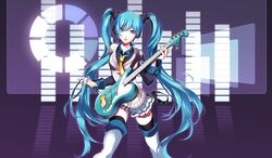 1girl aqua_eyes aqua_hair boots electric_guitar guitar hatsune_miku headset highres instrument long_hair nail_polish necktie skirt solo thigh_boots thighhighs twintails very_long_hair vocaloid watanabe_shiki