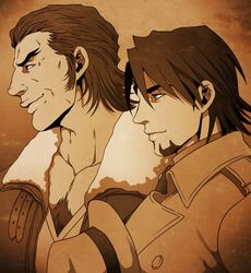  brown_eyes brown_hair chest_hair eyebrows facial_hair jacket kaburagi_t_kotetsu manly mlnstc monochrome sepia short_hair stubble tiger_&amp;_bunny v-neck 