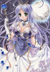  breasts crown dress elbow_gloves feena_fam_earthlight gloves green_eyes lavender_hair long_hair marker_(medium) pastel_(medium) petals princess purple_hair ryokuka sample solo staff traditional_media yoake_mae_yori_ruri_iro_na 