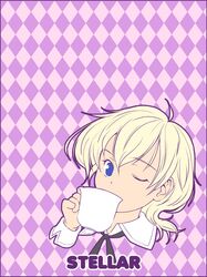  argyle argyle_background blonde_hair blue_eyes boku_wa_tomodachi_ga_sukunai collar cup drinking meiz short_hair stella_(boku_wa_tomodachi_ga_sukunai) typo wink 