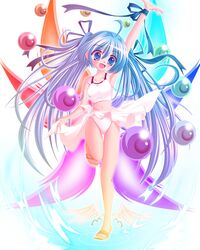  ahoge arm_up blue_eyes blue_hair blush cokua long_hair navel pixiv pixiv-tan sarong solo standing_on_one_leg swimsuit tankini very_long_hair 