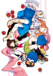  apple bird boots brown_eyes brown_hair diary dress food fruit kugukiugu long_hair magazine mawaru_penguindrum multiple_girls obentou oginome_ringo penguin penguin_1-gou penguin_2-gou penguin_3-gou purple_eyes school_uniform serafuku short_hair takakura_himari violet_eyes 