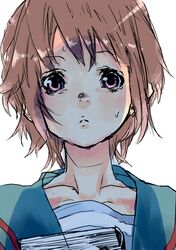  brown_eyes brown_hair close-up face highres nagato_yuki school_uniform serafuku short_hair siroiyuki sketch suzumiya_haruhi_no_yuuutsu sweat 