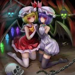  absurdres adapted_costume ascot bare_shoulders bat_wings black_gloves black_legwear blonde_hair brooch dress elbow_gloves flandre_scarlet gloves glowing glowing_eyes hand_holding hat highres holding_hands jewelry kneeling light_smile multiple_girls myero purple_hair red_eyes remilia_scarlet short_hair siblings sisters skull sleeveless symmetry thigh-highs thighhighs touhou white_gloves white_legwear wings zettai_ryouiki 