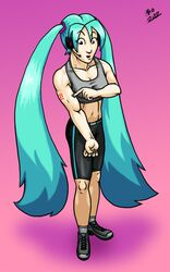  1girl aqua_hair hatsune_miku highres long_hair midriff shorts sports_bra swemu touching twintails vocaloid 