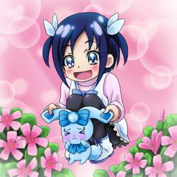 1girl blue_eyes blue_hair blush bow dokidoki!_precure hair_bow hishikawa_rikka long_hair mameshiba open_mouth precure smile solo squatting twintails young 