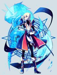  blonde_hair boots elbow_gloves gloves green_eyes hakumen high_heels jin_kisaragi kisaragi_jin male ryolove sheath sheathed shoes sword uniform weapon white_gloves wings 