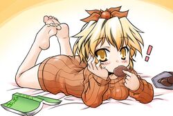  1girl akou_roushi alternate_costume barefoot black_hair blonde_hair blush bottomless eating feet hair_ornament lying multicolored_hair naked_sweater no_pants on_stomach ribbed_sweater soles solo sweater toes toramaru_shou touhou two-tone_hair yellow_eyes 