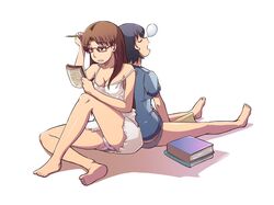  4040_(artist) azumanga_daioh azumanga_daiou back-to-back bare_shoulders barefoot black_hair book bottomless breasts brown_eyes brown_hair cleavage closed_eyes eyes_closed frown glasses jitome long_hair mizuhara_koyomi multiple_girls nightgown nose_bubble panties pantyshot pencil reading short_hair simple_background sitting sleeping strap_slip studying t-shirt takino_tomo underwear white_background 