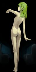  arm_up ass barefoot from_behind green_eyes green_hair long_hair looking_back nekoge nude original outstretched_arm slender solo standing 