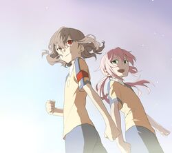  brown_hair catgirl0926 green_eyes inazuma_eleven inazuma_eleven_(series) inazuma_eleven_go kirino_ranmaru long_hair open_mouth pink_hair shindou_takuto short_hair smile soccer_uniform twintails 