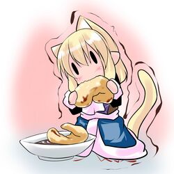  1girl animal_ears blonde_hair blush bowl cat_ears cat_tail chibi eating food hoshizuki_(seigetsu) mizuhashi_parsee pointy_ears puru-see scarf short_hair skirt solo tail touhou trembling 
