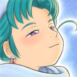  earrings green_hair hat hatsuseno_alpha jewelry looking_up purple_eyes short_hair smile solo violet_eyes yokohama_kaidashi_kikou 
