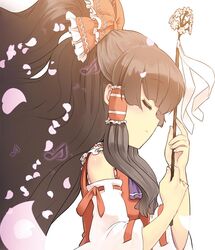  1girl black_hair bow bust closed_eyes detached_sleeves flower hair_bow hair_tubes hakurei_reimu hota long_hair musical_note petals profile solo touhou very_long_hair 