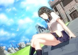 akg bird black_eyes black_hair black_legwear cloud crossed_legs digital_media_player dutch_angle headphones k701 kinniku1234 kneehighs legs_crossed original panties pleated_skirt ruins school_uniform sitting skirt sky solo stairs underwear white_panties 
