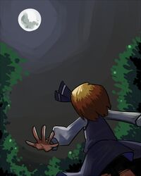  1girl blonde_hair bloodycat dress moon night night_sky plant ribbon rumia sky sleeves the_embodiment_of_scarlet_devil touhou tree youkai 