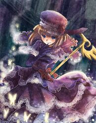  blue_eyes bow butterfly elbow_gloves eva_beatrice flower frills gloves grin hat orange_hair red_rose ribbon rose smile solo staff umineko_no_naku_koro_ni urara_(himitsu_kamitu) 