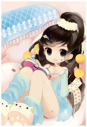  absurdres bed black_eyes black_hair bra breasts child cleavage copyright_request flower hair_ornament hairpin heart highres lingerie loli long_hair notebook panties pantsu ponytail possible_duplicate puti_devil putidevil see-through see_through sitting smile solo underwear 
