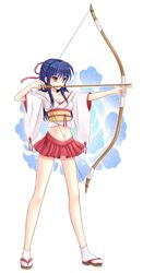 aiming arrow bad_id blue_hair bow_(weapon) clannad japanese_clothes long_hair midriff miniskirt ritomo sagara_misae sandals skirt solo tabi weapon yellow_eyes 