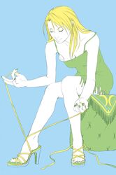  ankle_lace-up blonde_hair blue_background cross-laced_footwear dress dressing fingernails fullmetal_alchemist green_dress high_heels highres leaning_forward mikuriya_marii nail_polish riza_hawkeye shoes simple_background sitting solo strap toenail_polish toenails toes tying untied 