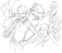  1boy baseball_bat dog_tags hat headset kotteri male monochrome rough signature sketch smile solo team_fortress_2 the_scout white_background 