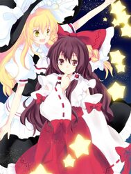  2girls akarino_(yucco) blonde_hair brown_eyes brown_hair detached_sleeves frills hair_ribbon hair_tubes hakurei_reimu hat hat_ribbon kirisame_marisa long_hair multiple_girls ribbon star touhou witch_hat yellow_eyes 
