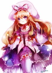  1girl aquamarine blonde_hair hat hat_ribbon long_hair ribbon solo thigh-highs touhou violet_eyes white_legwear yakumo_yukari 