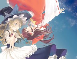  2girls ascot blonde_hair braid hair_tubes hakurei_reimu hat japanese_clothes kayako_(tdxxxk) kirisame_marisa long_hair miko multiple_girls sky smile touhou upside-down witch_hat yellow_eyes 