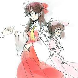  2girls animal_ears back-to-back blush brown_hair closed_eyes hakurei_reimu holding_hands inaba_tewi kayako_(tdxxxk) long_hair looking_back multiple_girls rabbit_ears short_hair simple_background sketch smile touhou white_background 