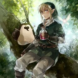  blonde_hair blue_eyes bottle fairy gloves hat in_tree kikwi kome_(kokomoti) link machi male nature nintendo pointy_ears sitting skyward_sword smile the_legend_of_zelda tree 