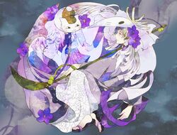  3355_(kpo) blonde_hair flower glasses male mask multiple_boys naginata natori_shuichi natsume_takashi natsume_yuujinchou nyanko polearm weapon 