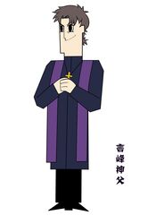  1boy amore1989 black_eyes brown_hair cross cross_necklace fate/zero fate_(series) highres jewelry kotomine_kirei necklace parody powerpuff_girls solo stole style_parody translated 