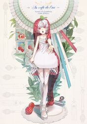  :o albino bare_shoulders berries dress food food_themed_clothes foreshortening french fruit highres holding leaf medal mr_misoshiru open_mouth original outstretched_arm outstretched_hand personification raspberry red_eyes shoes short_dress short_hair sleeveless solo spoon text thigh-highs thighhighs veil white_dress white_hair white_legwear 
