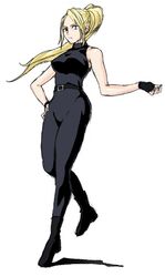  bare_shoulders blonde_hair blue_eyes bodysuit boots breasts fingerless_gloves gloves hand_on_hip hips long_hair ponytail sarah_bryant solo virtua_fighter 