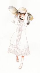 1girl artist_request black_hair blush dress hat highres long_hair mikasa_ackerman open_mouth shingeki_no_kyojin smile solo straw_hat