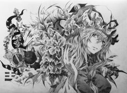  bad_id bow chen chen_(cat) earrings eyes flower gap graphite_(medium) hair_bow hat hat_ribbon jewelry long_hair neko_(yanshoujie) ribbon sign solo touhou traditional_media yakumo_ran yakumo_ran_(fox) yakumo_yukari 