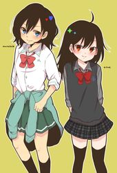  ahoge anchor black_hair blue_eyes contemporary d11 heart houjuu_nue kneehighs multiple_girls murasa_minamitsu red_eyes shirt_on_waist short_hair skirt sleeves_rolled_up sparkle sweater sweater_around_waist sweater_vest thigh-highs thighhighs touhou zettai_ryouiki 