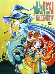  1up_mushroom all_fours anei animal_ears baggy_pants bare_shoulders blonde_hair blue_eyes breasts brown_hair cape cat_ears cat_tail choker cleavage elbow_gloves fangs flower gloves hair_ornament halloween harem_pants hat jack-o'-lantern jewelry kemonomimi_mode long_hair marker_(medium) multiple_girls mushroom nintendo paw_pose ponytail princess_daisy princess_peach siblings sisters super_mario_bros. tail traditional_media wand witch witch_hat 