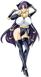  1girl arachne_(shinrabanshou) black_legwear black_thighhighs boots breasts female heels high_heels highres hips huge_breasts kanten legs long_hair monster_girl mound_of_venus noir_(rance) purple_hair rance_(series) red_eyes sengoku_rance shinrabanshou shoes simple_background solo spider_girl standing thigh-highs thigh_boots thighhighs very_long_hair white_background wide_hips 