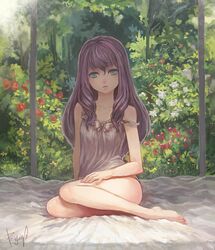  aqua_eyes bare_legs barefoot bryanth chemise flower highres kazahana_mashiro long_hair my-hime purple_hair signature sitting solo strap_slip yokozuwari 