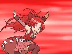  armpits bad_id bow cnks fang hair_bow long_hair lowres magical_girl mahou_shoujo_madoka_magica mirai_nikki parody ponytail pose red_eyes red_hair redhead sakura_kyouko skirt solo thigh-highs thighhighs zettai_ryouiki 