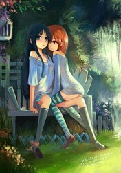 akiyama_mio black_eyes black_hair bottomless brown_eyes brown_hair hirasawa_yui k-on! long_hair multiple_girls no_bra off_shoulder sitting sitting_on_lap sitting_on_person striped striped_legwear summercards thigh-highs thighhighs yuri 
