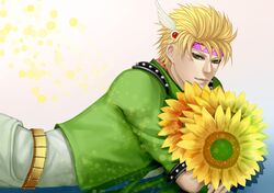  1boy blonde_hair caesar_anthonio_zeppeli facial_mark feathers fingerless_gloves flower gloves green_eyes green_jacket haruka4413 headband jacket jojo_no_kimyou_na_bouken scarf solo sunflower 