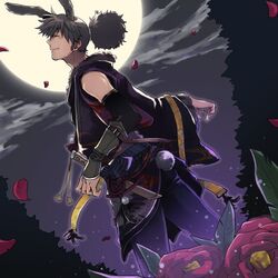  alternate_costume animal_ears black_hair bunny_ears bunny_tail closed_eyes dagger eyes_closed flower full_moon male moon night pants ponytail raven raven_(tov) smile solo tail take_(mijukumono!) tales_of_(series) tales_of_vesperia weapon 