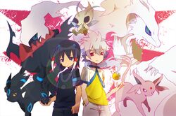  ameko-107 ancient_dark black_hair celebi crossover darkrai espeon hair_ornament hakuryuu_(inazuma_eleven) inazuma_eleven inazuma_eleven_(series) inazuma_eleven_go long_hair multicolored_hair multiple_boys open_mouth pokemon red_eyes reshiram short_hair shuu_(inazuma_eleven) umbreon unlimited_shining white_hair zekrom 