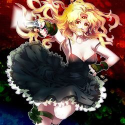  black_dress blonde_hair breasts collarbone dress frills gloves gradient gradient_background green_background gun long_hair montebla nail_polish noto opera_vectra pistol red_background red_nails smile solo star_ocean star_ocean_the_second_story strap_slip third_eye weapon yellow_eyes 