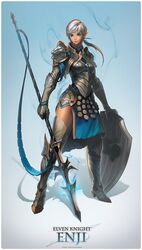  blue_eyes blue_hair copyright_request elf gray_boxer highlights highres pointy_ears polearm ponytail silver_hair smile spear weapon white_hair 