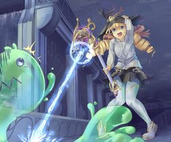  beam blonde_hair blue_eyes drill_hair eichisu hand_on_hat hat magic magical_girl open_mouth original pantyhose staff white_legwear witch_hat 