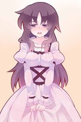  dress gothic_lolita lolita_fashion long_hair looking_down mirai_nikki nekotya payot purple_eyes purple_hair skirt_grab tsundere uryuu_minene violet_eyes 